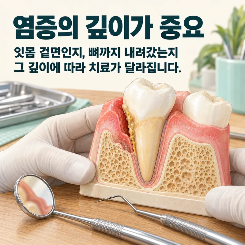 염증의 깊이가 중요 — 잇몸 겉면인지, 뼈까지 내려갔는지 그 깊이에 따라 치료가 달라집니다