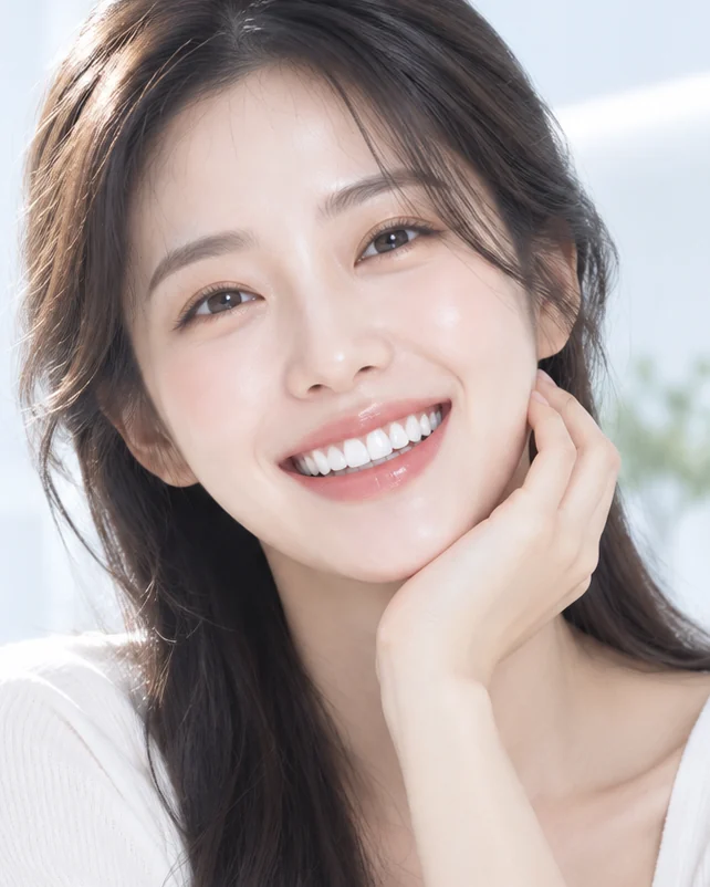 턱을 괴고 환하게 웃는 여성