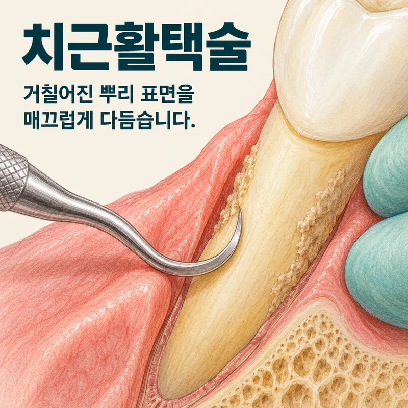 치근활택술 — 거칠어진 뿌리 표면을 매끄럽게 다듬습니다